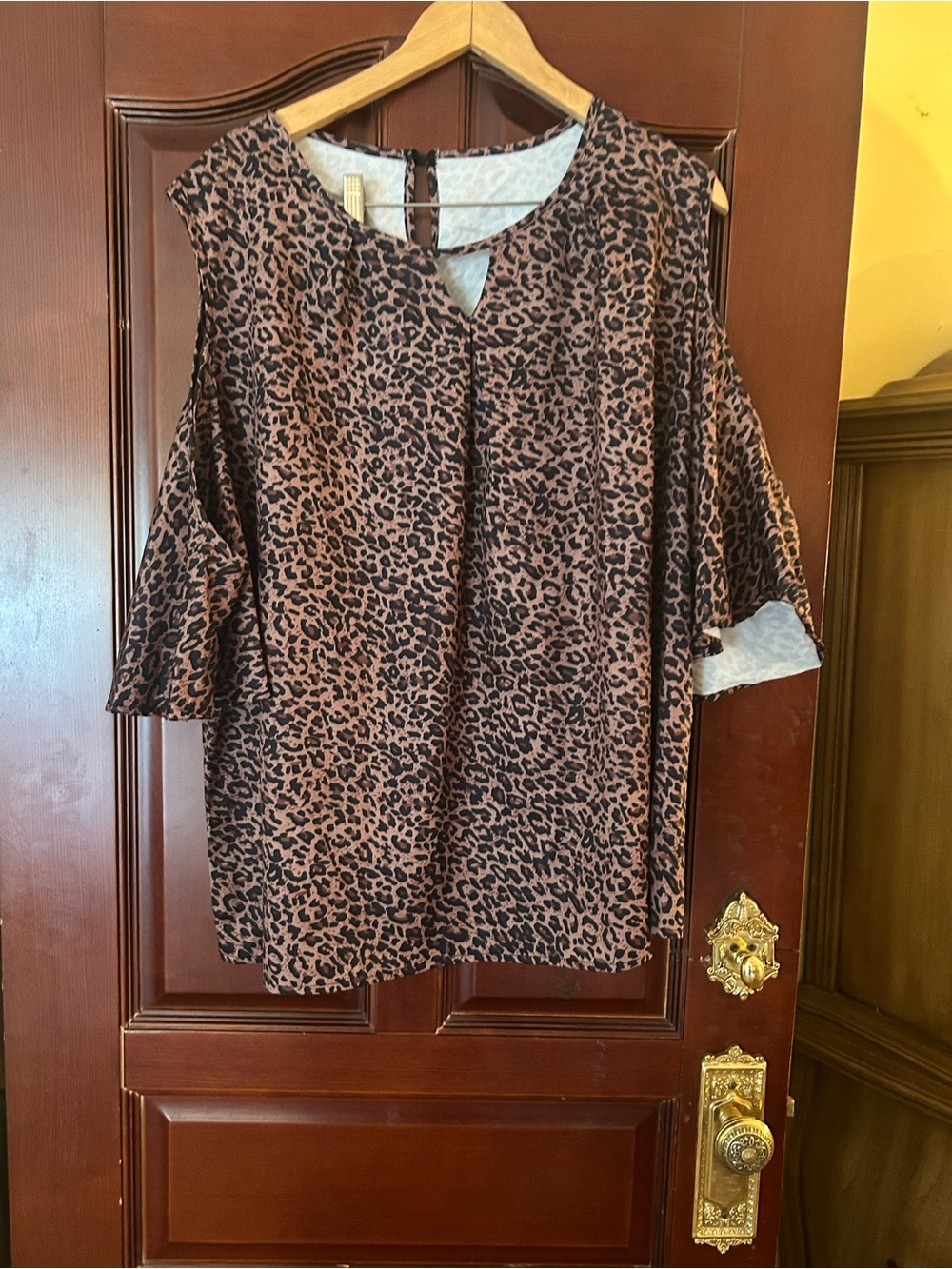 Brown Leopard Print Cold-Shoulder Women's Top
